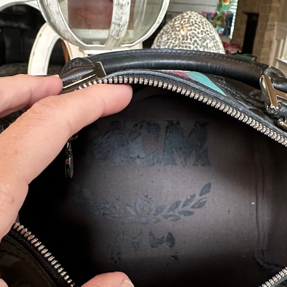 MCM Black Satchel with Pink and Teal Stripes - Picture 10 of 12